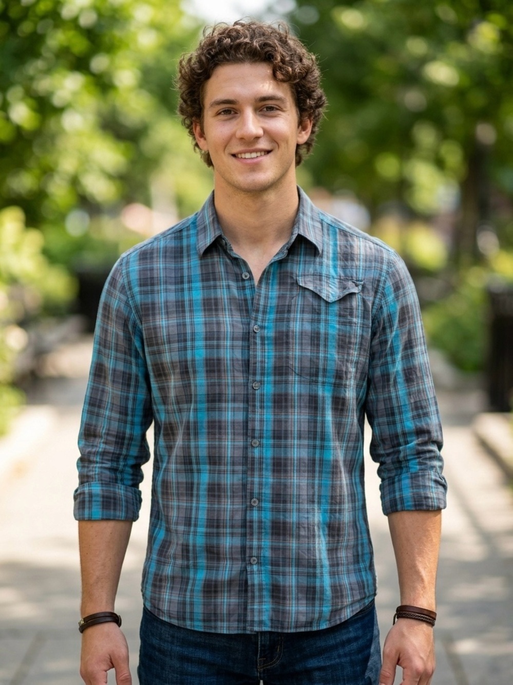 MPG Men's Teal and Gray Plaid Long-Sleeve Button-Down Shirt